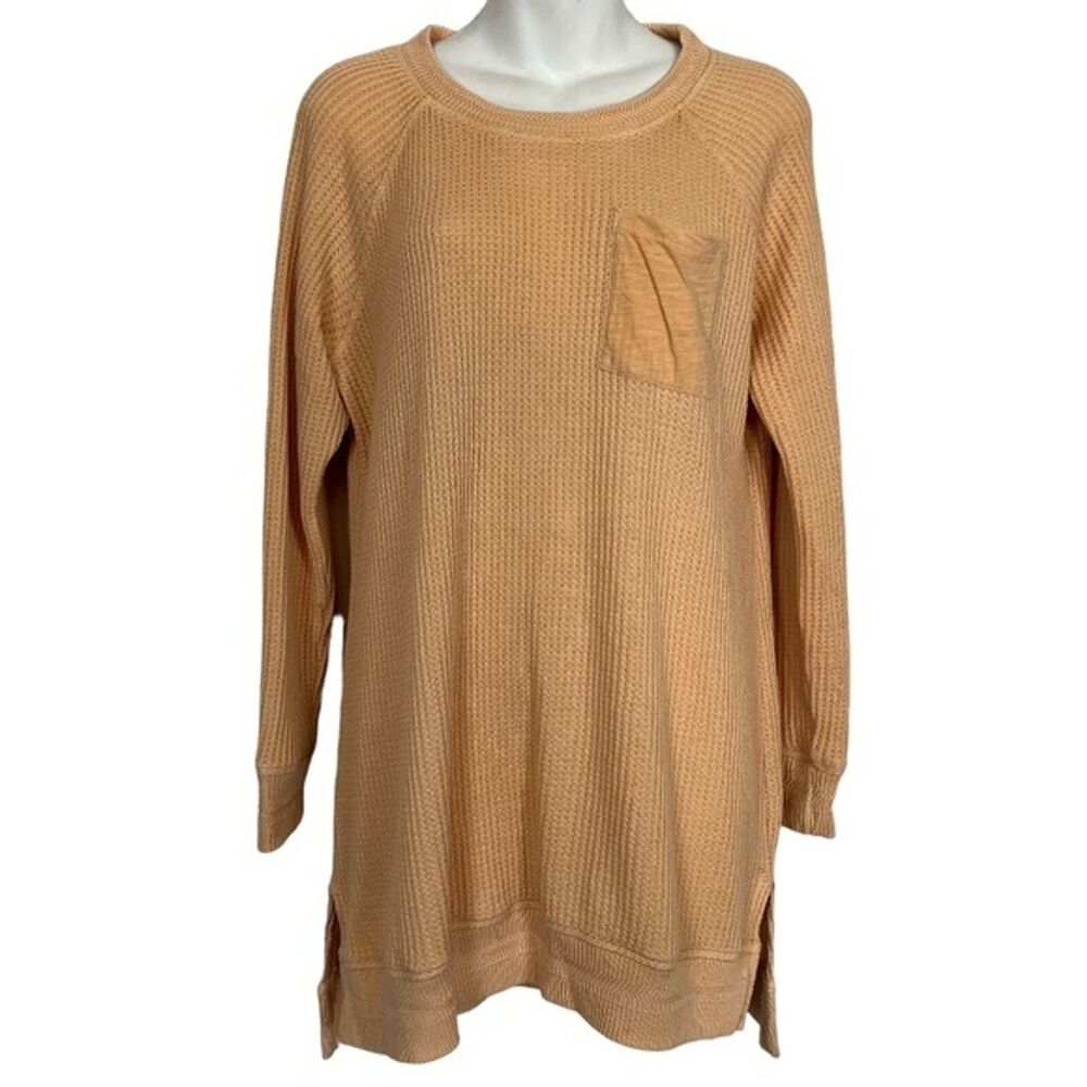 Soft Surroundings Waffle Knit Long Line Orange Pullover Shirt Raglan Top sz S